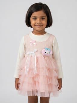 Baby Girls Blush Pink and Off-White Ruffled Tulle Dress with 3D Plush Applique