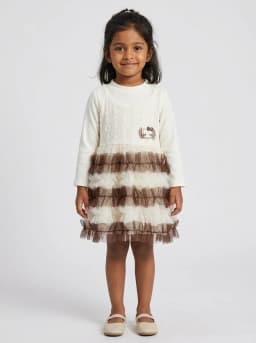 Girls Off-White and Brown Ruffled Tulle Dress with Lace Bodice and Kitty Patch