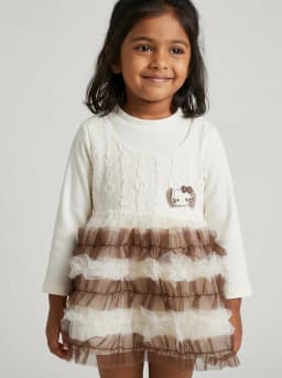 Girls Off-White and Brown Ruffled Tulle Dress with Lace Bodice and Kitty Patch