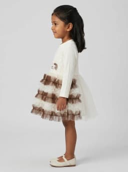 Girls Off-White and Brown Ruffled Tulle Dress with Lace Bodice and Kitty Patch