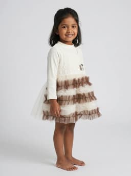 Girls Off-White and Brown Ruffled Tulle Dress with Lace Bodice and Kitty Patch
