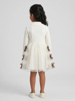 Girls Off-White and Brown Ruffled Tulle Dress with Lace Bodice and Kitty Patch