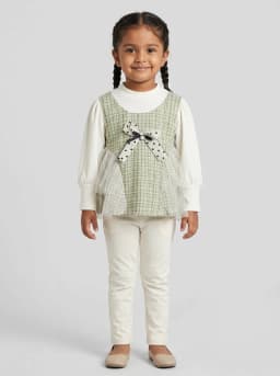 Girls Sage Green Tweed Pattern 2-in-1 Top with Off-White Ribbed Sleeves