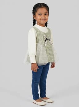 Girls Sage Green Tweed Pattern 2-in-1 Top with Off-White Ribbed Sleeves