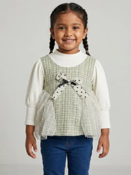 Girls Sage Green Tweed Pattern 2-in-1 Top with Off-White Ribbed Sleeves