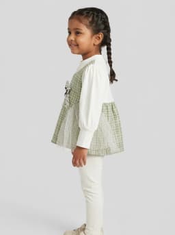 Girls Sage Green Tweed Pattern 2-in-1 Top with Off-White Ribbed Sleeves
