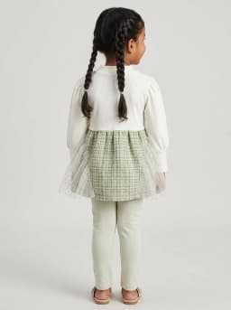 Girls Sage Green Tweed Pattern 2-in-1 Top with Off-White Ribbed Sleeves