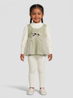 Girls Sage Green Tweed Pattern 2-in-1 Top with Off-White Ribbed Sleeves