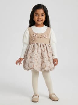 Girls Off-White and Beige Floral Jacquard 2-in-1 Bubble Dress with Bows