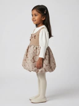 Girls Off-White and Beige Floral Jacquard 2-in-1 Bubble Dress with Bows