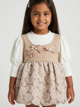 Girls Off-White and Beige Floral Jacquard 2-in-1 Bubble Dress with Bows