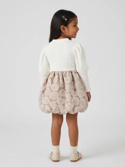 Girls Off-White and Beige Floral Jacquard 2-in-1 Bubble Dress with Bows