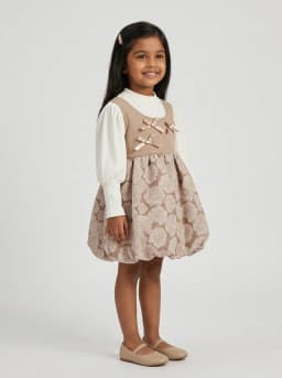 Girls Off-White and Beige Floral Jacquard 2-in-1 Bubble Dress with Bows