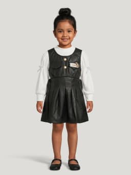 Girls White Ribbed and Black Faux Leather Pinafore Dress