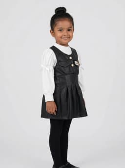 Girls White Ribbed and Black Faux Leather Pinafore Dress