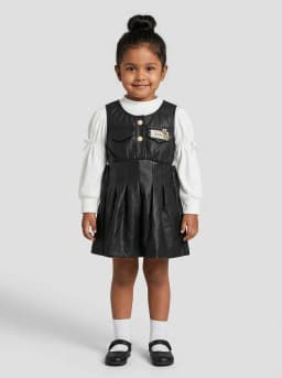 Girls White Ribbed and Black Faux Leather Pinafore Dress