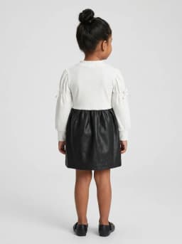 Girls White Ribbed and Black Faux Leather Pinafore Dress