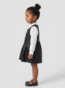 Girls White Ribbed and Black Faux Leather Pinafore Dress