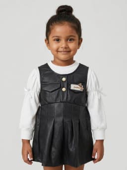 Girls White Ribbed and Black Faux Leather Pinafore Dress