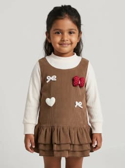 Girls Brown Corduroy and Off-White Ribbed Layered Pinafore Dress