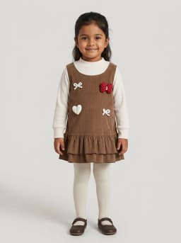 Girls Brown Corduroy and Off-White Ribbed Layered Pinafore Dress