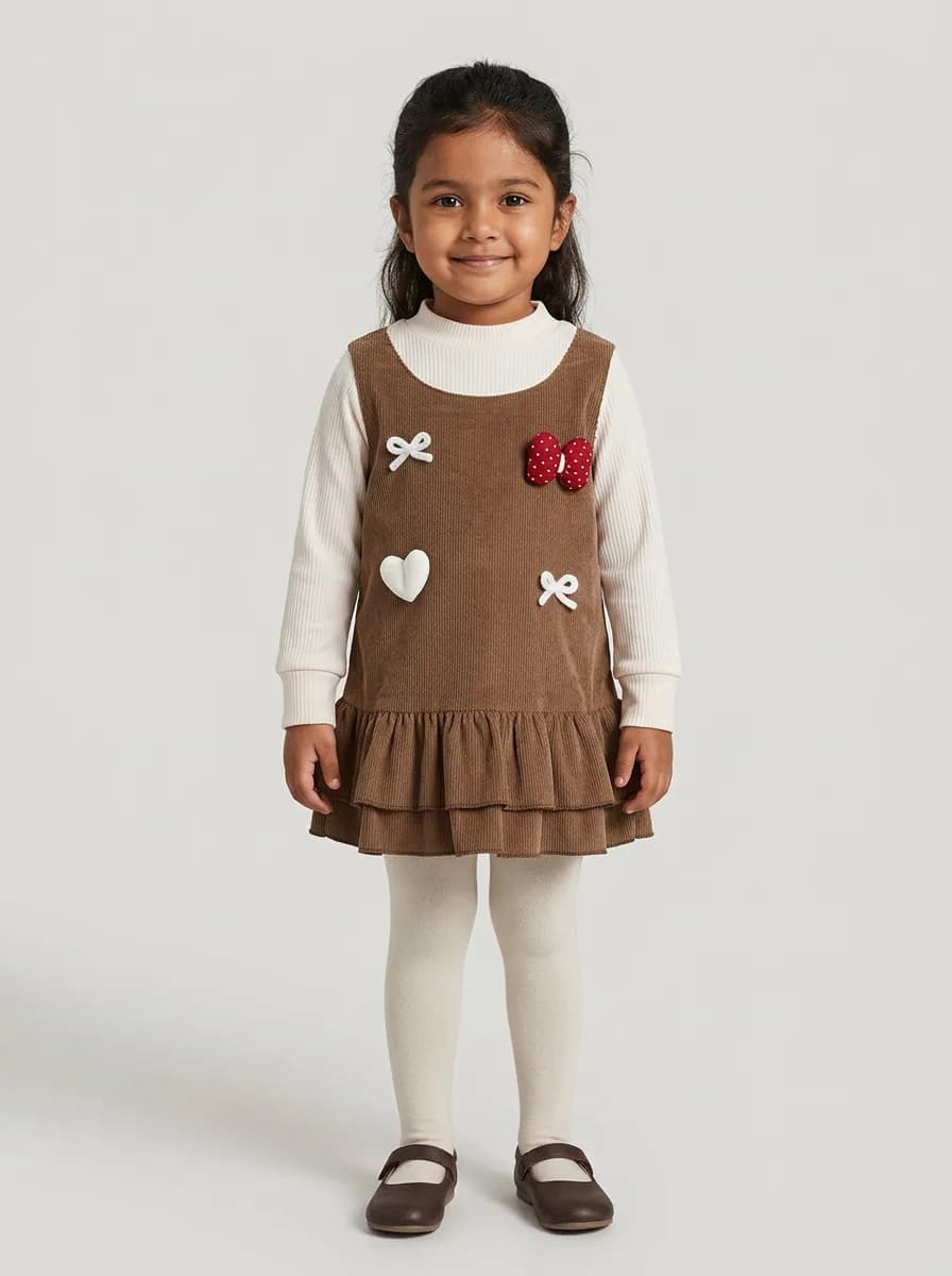 Girls Brown Corduroy and Off-White Ribbed Layered Pinafore Dress