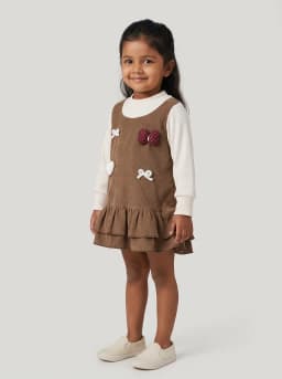 Girls Brown Corduroy and Off-White Ribbed Layered Pinafore Dress