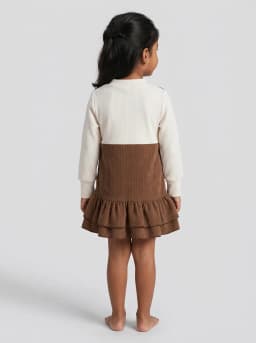 Girls Brown Corduroy and Off-White Ribbed Layered Pinafore Dress