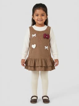 Girls Brown Corduroy and Off-White Ribbed Layered Pinafore Dress