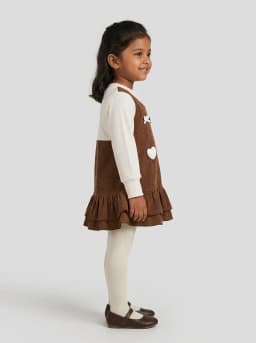 Girls Brown Corduroy and Off-White Ribbed Layered Pinafore Dress