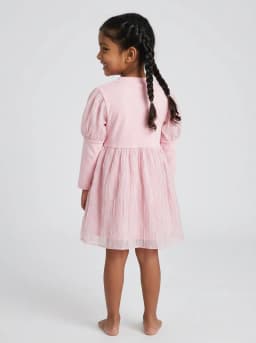 Girls Baby Pink Ruffled Shimmer Long Sleeve Frock with Bow Detail