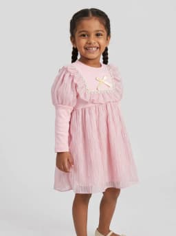 Girls Baby Pink Ruffled Shimmer Long Sleeve Frock with Bow Detail