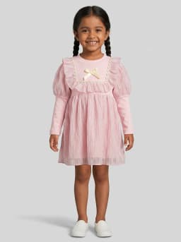 Girls Baby Pink Ruffled Shimmer Long Sleeve Frock with Bow Detail