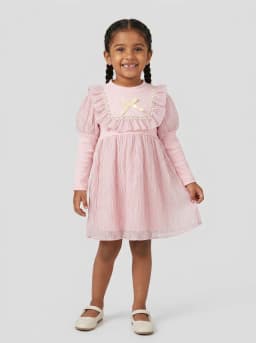 Girls Baby Pink Ruffled Shimmer Long Sleeve Frock with Bow Detail