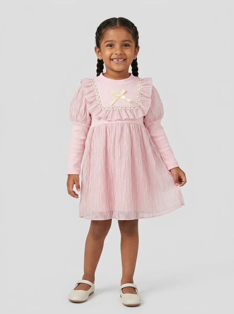 Girls Baby Pink Ruffled Shimmer Long Sleeve Frock with Bow Detail
