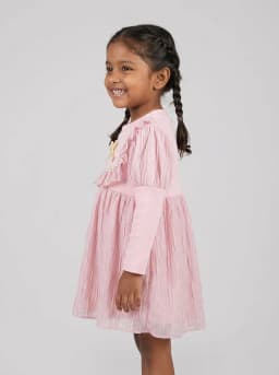 Girls Baby Pink Ruffled Shimmer Long Sleeve Frock with Bow Detail