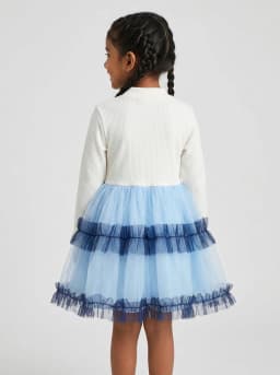 Girls Off-White and Light Blue Sequin Tulle Party Dress with Bunny Patch