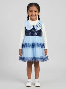 Girls Off-White and Light Blue Sequin Tulle Party Dress with Bunny Patch