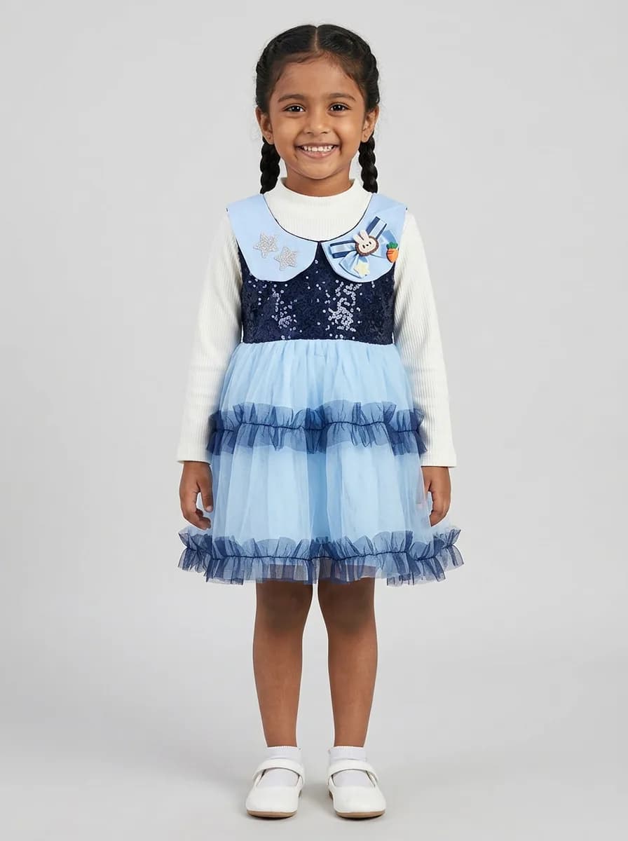 Girls Off-White and Light Blue Sequin Tulle Party Dress with Bunny Patch