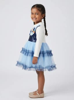 Girls Off-White and Light Blue Sequin Tulle Party Dress with Bunny Patch