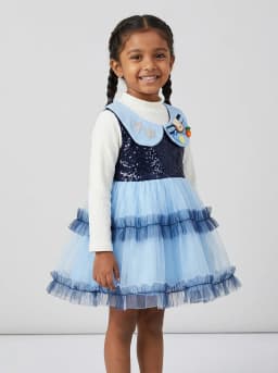 Girls Off-White and Light Blue Sequin Tulle Party Dress with Bunny Patch