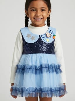 Girls Off-White and Light Blue Sequin Tulle Party Dress with Bunny Patch