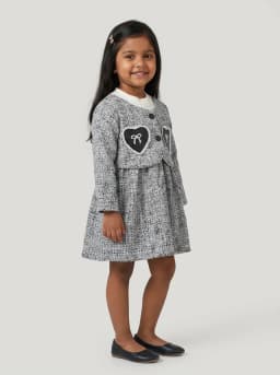 Girls Black and White Tweed Style Long Sleeve Dress with Heart Patches