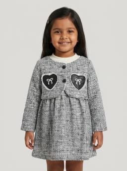 Girls Black and White Tweed Style Long Sleeve Dress with Heart Patches