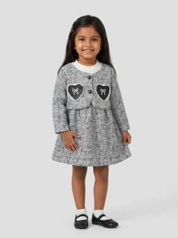 Girls Black and White Tweed Style Long Sleeve Dress with Heart Patches