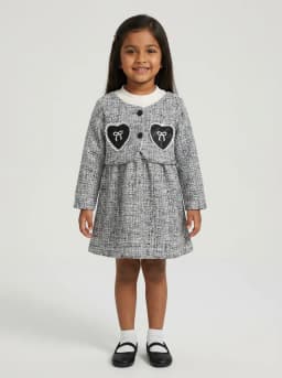 Girls Black and White Tweed Style Long Sleeve Dress with Heart Patches