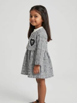 Girls Black and White Tweed Style Long Sleeve Dress with Heart Patches