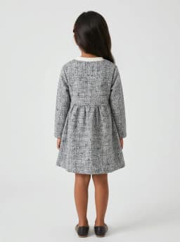 Girls Black and White Tweed Style Long Sleeve Dress with Heart Patches