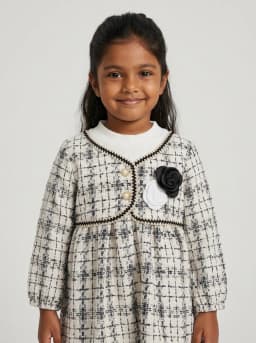 Girls Off White and Black Tweed Long Sleeve Dress with Floral Applique