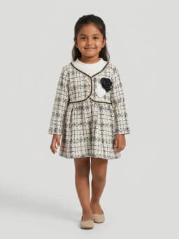 Girls Off White and Black Tweed Long Sleeve Dress with Floral Applique